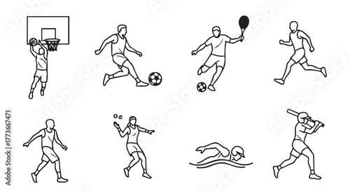 Line art of people doing different sports activities design