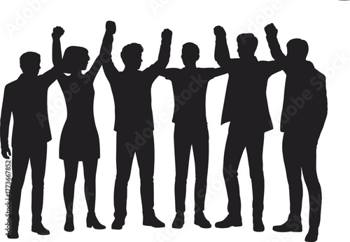 Protest people silhouettes, unity and solidarity vector illustration, raised fist artwork, social movement design, activism concept, 