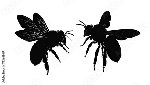 Two black silhouette bees in flight