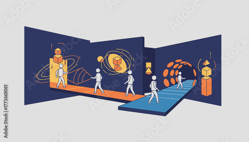 A virtual reality art gallery featuring immersive installations where visitors walk through spaces that react to their presence and offer a new dimension to artistic expression.