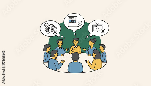 A group of diverse individuals engaged in a discussion with thought bubbles depicting various sources of news they trust and distrust.