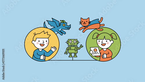 A digital art representation of children interacting on a video call with playful animations of their favorite characters popping up around them.