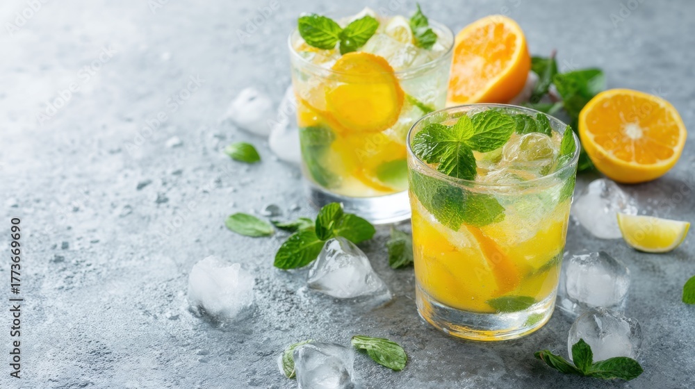 Fototapeta premium Refreshing citrus mojito cocktail with fresh mint and ice on a cool stone surface. Summer drink with lemon and orange for hot weather.