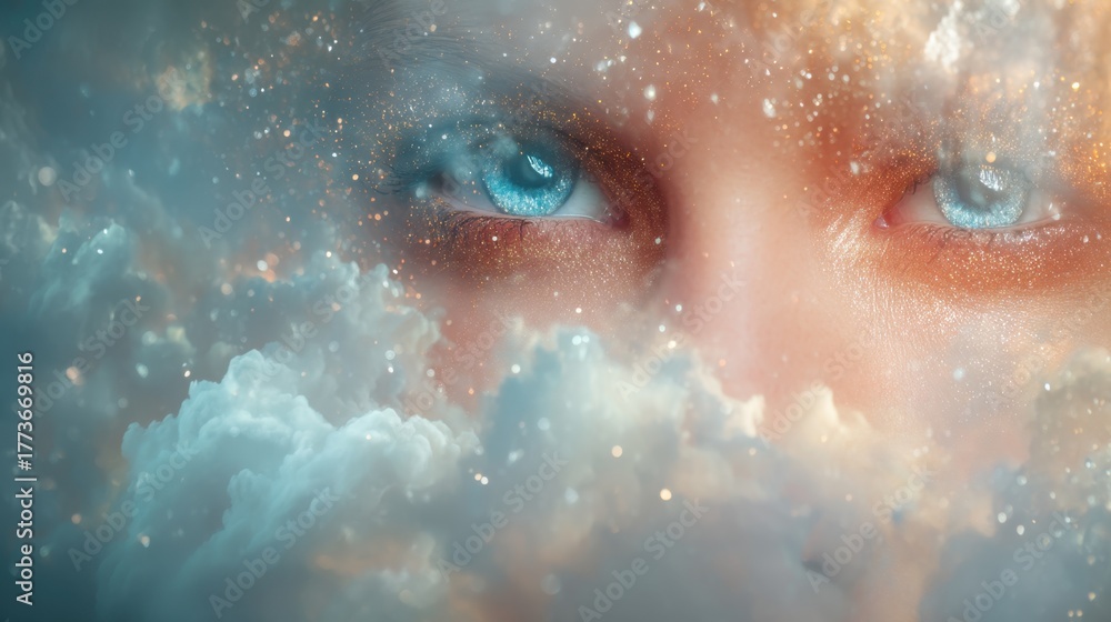 Fototapeta premium Close up of a woman's face with bright blue eye and sparkling makeup. Fantasy ethereal vision, dream, imagination, magical concept.