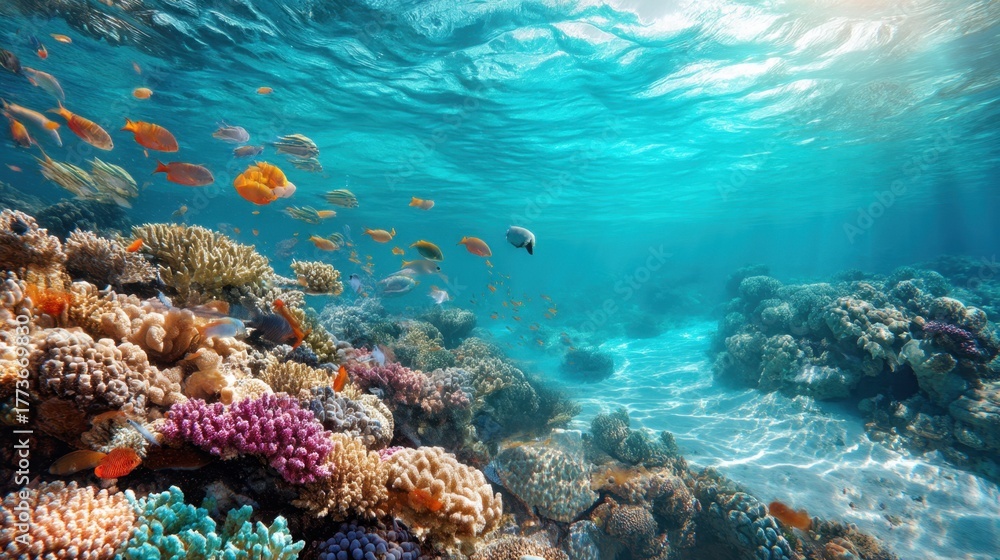 Fototapeta premium Colorful fish swimming above vibrant coral reef in clear blue ocean water. Underwater tropical ecosystem scene for marine biology.