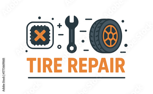 Flat vector banner design text TIRE REPAIR supporting icons of patch wrench and tire dark gray and orange palette isolated on white marketing approved bright palette with balanced