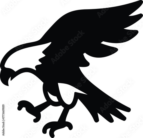 An illustration of a bird of prey with outstretched wings descending with talons extended and a downward pointing arrow indicating motion