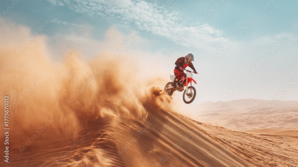Naklejka premium Male motocross rider jumping dirt bike on desert dune. Extreme sport during sunny day. Off road adventure and rally concept.