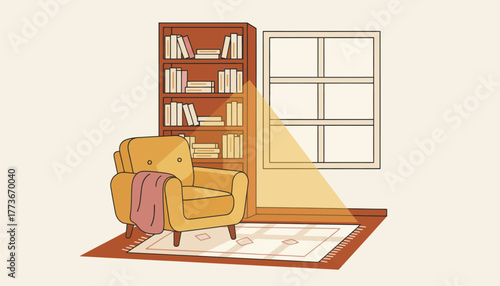 A cozy reading nook with bookshelves overflowing a comfy chair and a window letting in natural light all sketched in warm inviting lines.