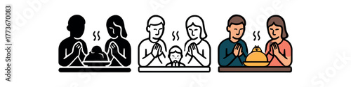 family tradition dinner prayer icon on white background Black silhouette flat icon outline icon and colored icon style. 1x3 grid. three minimal vector icon style. centered composition clear