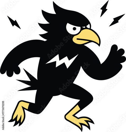 Energetic Black Bird Character Running with Lightning Bolts and Intensity
