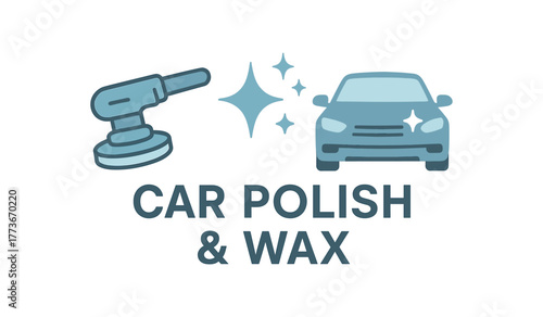 Flat vector banner design text POLISH & WAX supporting icons of buffer shine and light blue and gray tones isolated on white marketing approved bright palette with balanced saturation clean