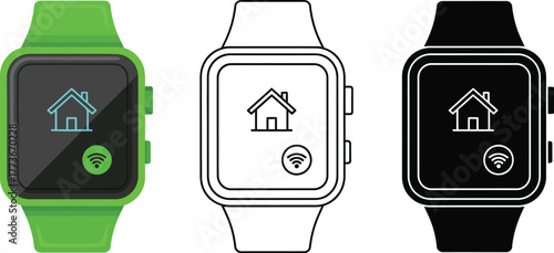 Smartwatch home automation vector icons set of three styles