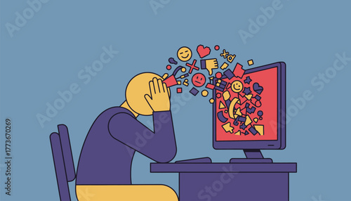 A person facepalming in front of their computer overwhelmed by a flood of cringeworthy internet content.