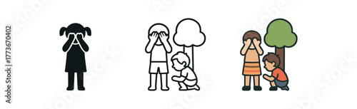 kids playing hide and seek icon on white background Black silhouette flat icon outline icon and colored icon style. 1x3 grid. three minimal vector icon style. centered composition clear