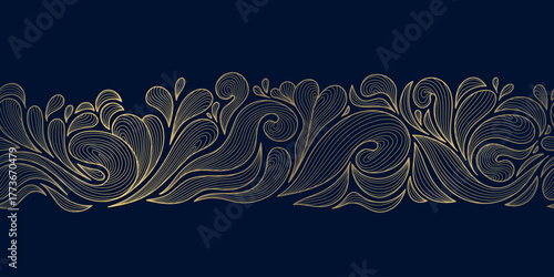 Elegant vector seamless leaf pattern, golden lines border, tropical botanical elements in a modern abstract style. Luxury packaging, coffee or tea branding, wallpaper, premium fabric designs