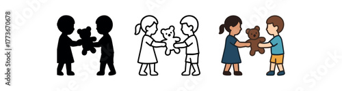 kids sharing toys icon on white background Black silhouette flat icon outline icon and colored icon style. 1x3 grid. three minimal vector icon style. centered composition clear white space