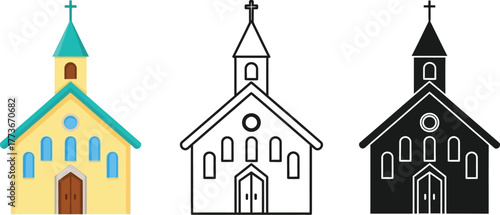 Three church illustrations in color outline and solid black versions