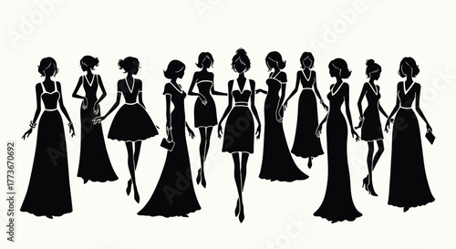 Collection of elegant women silhouettes in various dresses fashion illustration for style guides isolated on white background