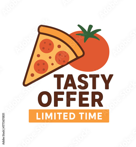 Flat vector banner design pizza slice and tomato illustration behind text TASTY OFFER subtext LIMITED TIME warm orange and brown layout isolated on white marketing approved bright palette