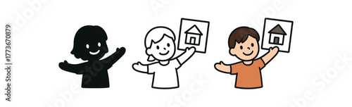 child proud of drawing icon on white background Black silhouette flat icon outline icon and colored icon style. 1x3 grid. three minimal vector icon style. centered composition clear white