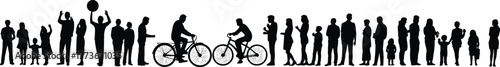Silhouette people diversity group, adults and children walking, cycling lifestyle concept, social interaction design, modern vector artwork, creative illustration community scene