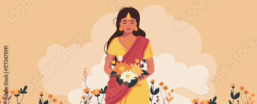 Beautiful Indian woman holding flowers on a delicate pastel background. International Women's Day. Indian holiday. Vector template with place for text, postcard, banner for website, advertising