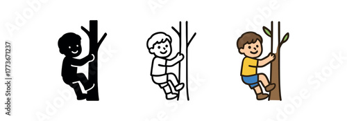 kid climbing tree smiling icon on white background Black silhouette flat icon outline icon and colored icon style. 1x3 grid. three minimal vector icon style. centered composition clear