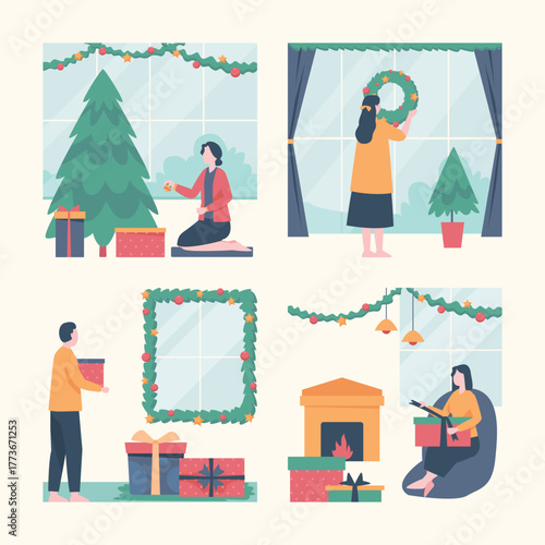 Christmas bustle. Winter shopping. Family preparing and celebrating holiday Flat Illustration