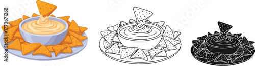 Three depictions of nachos with cheese dip on a plate illustration