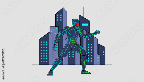 A futuristic cyborg avatar with robotic limbs and neon accents p in a sleek urban environment with towering skyscrapers.