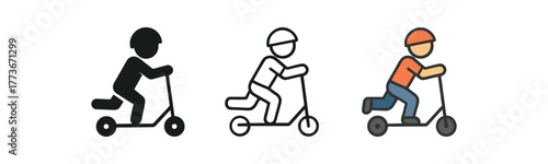 child learning to ride scooter icon on white background Black silhouette flat icon outline icon and colored icon style. 1x3 grid. three minimal vector icon style. centered composition clear