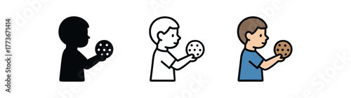 child sharing cookie icon on white background Black silhouette flat icon outline icon and colored icon style. 1x3 grid. three minimal vector icon style. centered composition clear white