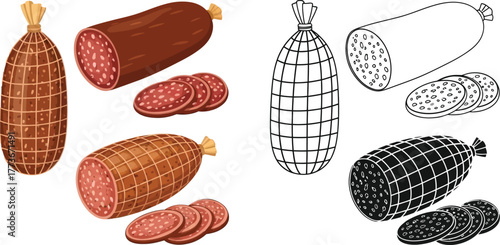 Illustration of various salami sausages and sliced salami in color and bw