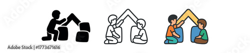 kids building pillow fort icon on white background Black silhouette flat icon outline icon and colored icon style. 1x3 grid. three minimal vector icon style. centered composition clear