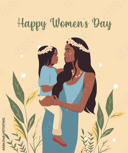 Beautiful young afro woman, mother holds baby in her arms. Mother's day card. Mother hugs daughter. Mother's love. Vector illustration for advertising, poster, banner, print, website