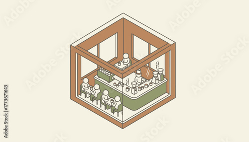 A cozy isometric coffee shop filled with patrons sitting at tables baristas behind the counter and the aroma of freshly brewed coffee in the air.