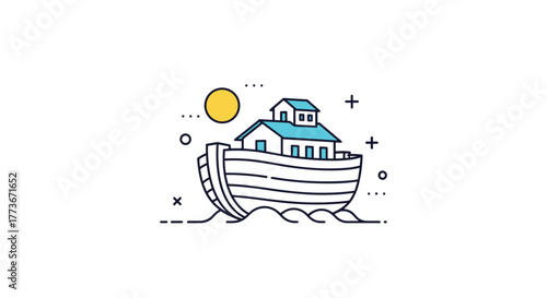 A cheerful and flat-design illustration of Noah's Ark, a large wooden boat with a house on its deck, gently floating on calm waters under a yellow sun, representing biblical narratives and salvation.