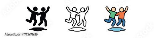jumping puddles icon on white background Black silhouette flat icon outline icon and colored icon style. 1x3 grid. three minimal vector icon style. centered composition clear white space
