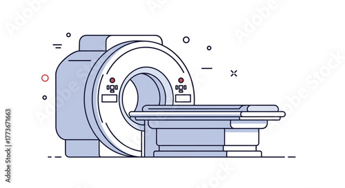 Minimalistic line art illustration of a magnetic resonance imaging (MRI) scanner with a patient table, representing advanced medical diagnostic technology.