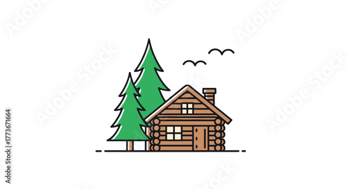A charming, minimalist illustration depicts a cozy log cabin nestled among two green pine trees with two birds flying overhead against a white background.