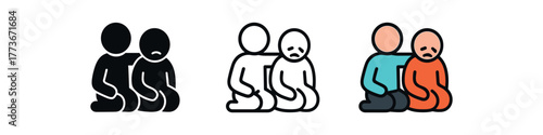 child comforting sad friend icon on white background Black silhouette flat icon outline icon and colored icon style. 1x3 grid. three minimal vector icon style. centered composition clear