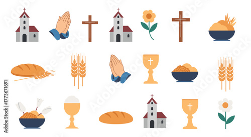 Collection of various Christian and religious symbols and elements including churches, praying hands, crosses, bread, wheat, and chalices in a flat vector style.