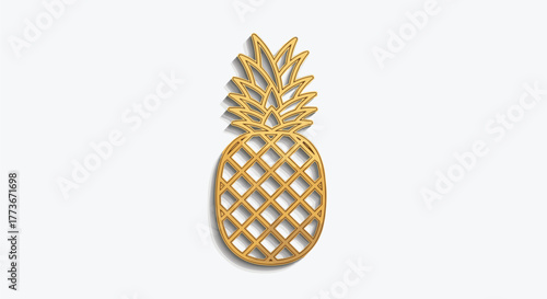 An elegant golden pineapple silhouette with an intricate cut-out pattern and a soft shadow, set against a pristine white background, representing tropical luxury and minimalist design.