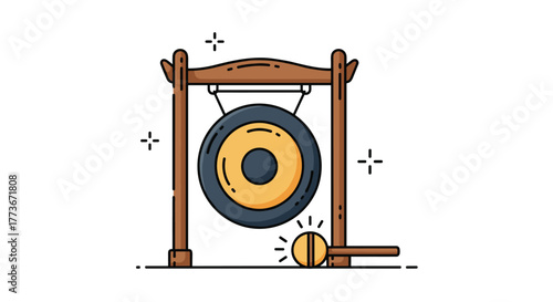A detailed illustration of a traditional gong suspended from a sturdy wooden frame, accompanied by its mallet, suggesting cultural music or ceremonial sounds.
