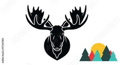 A bold black silhouette of a moose head with majestic antlers, alongside a colorful, stylized forest landscape featuring various evergreen trees and a vibrant setting sun.