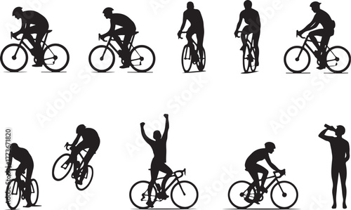Collection of cyclist silhouettes in various poses and actions