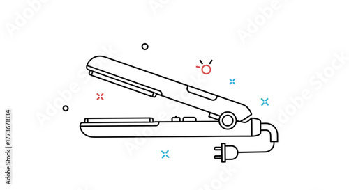 Outline vector illustration of a professional hair straightener, also known as a flat iron, with its power cord and plug, highlighting hair care and styling.