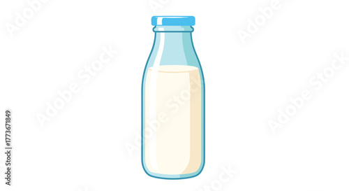 A simple cartoon illustration of a clear glass bottle filled with fresh white milk, capped with a light blue lid, set against a plain white background, perfect for dairy product themes.