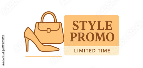 Flat vector banner design shoe and handbag outline text STYLE PROMO subtext LIMITED TIME tan and cream colors isolated on white marketing approved bright palette with balanced saturation
